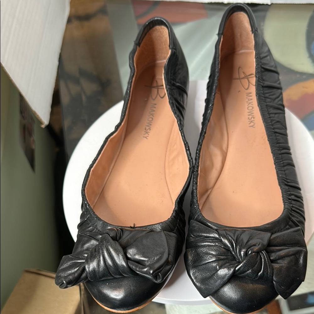 b. makowsky Black Flats with Bow Detail